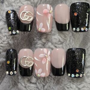Designer Inspired Floral Black & Nude Press-On Nail Set with Rhinestones